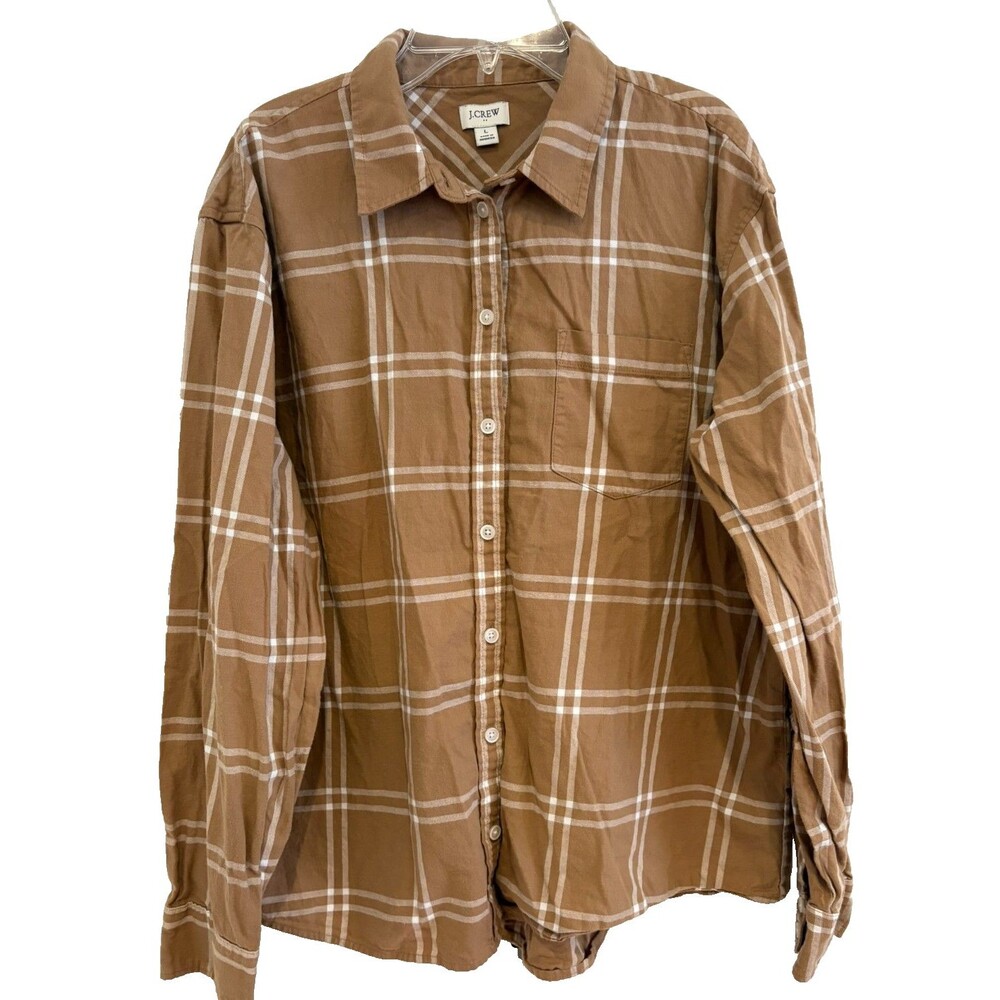 J.Crew Shirt Women's Large Flannel Tan Khaki Plaid Button Up Pocket 100% Cotton